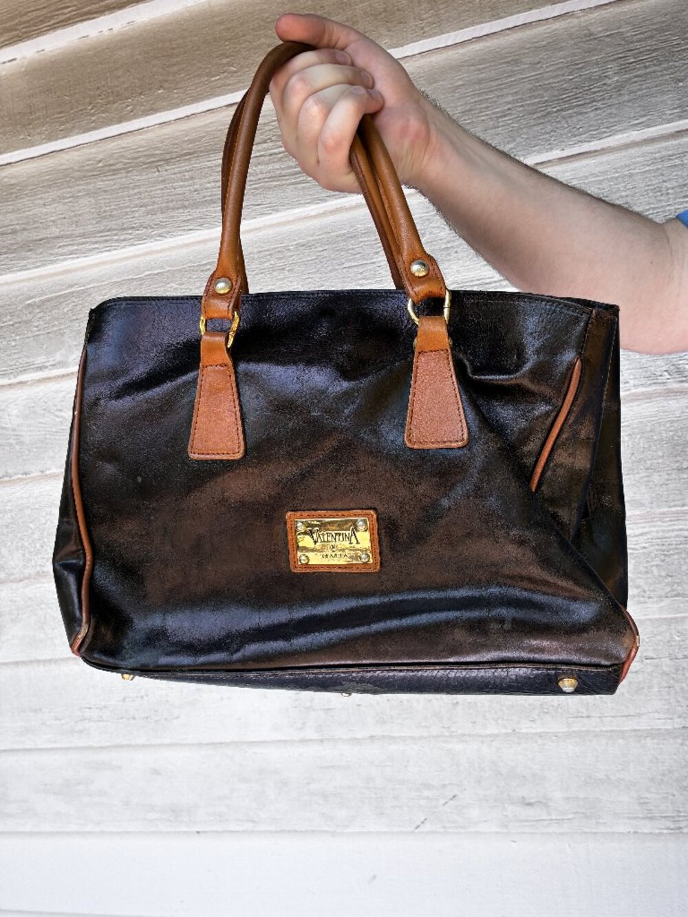Valentina Italia Leather Tote Bag Black Brown Shoulder Purse